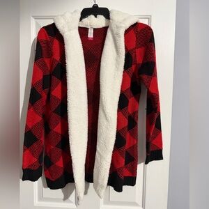 no Boundaries Cozy Red and Black Plaid Women's Sweater